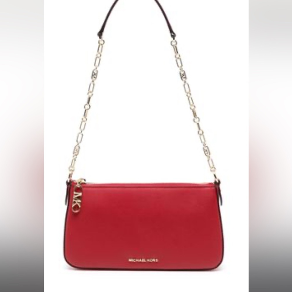 Michael Kors Empire Medium Leather Chain-Link Pochette in Crimson - NWT
